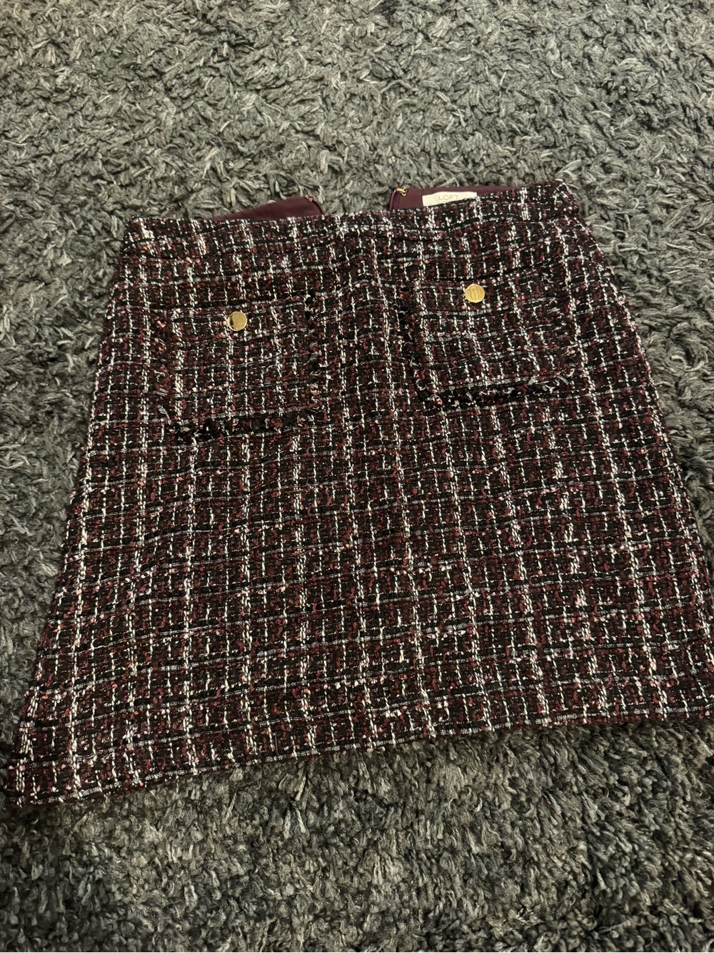 LOFT Burgundy Tweed Mini Skirt with Gold Buttons